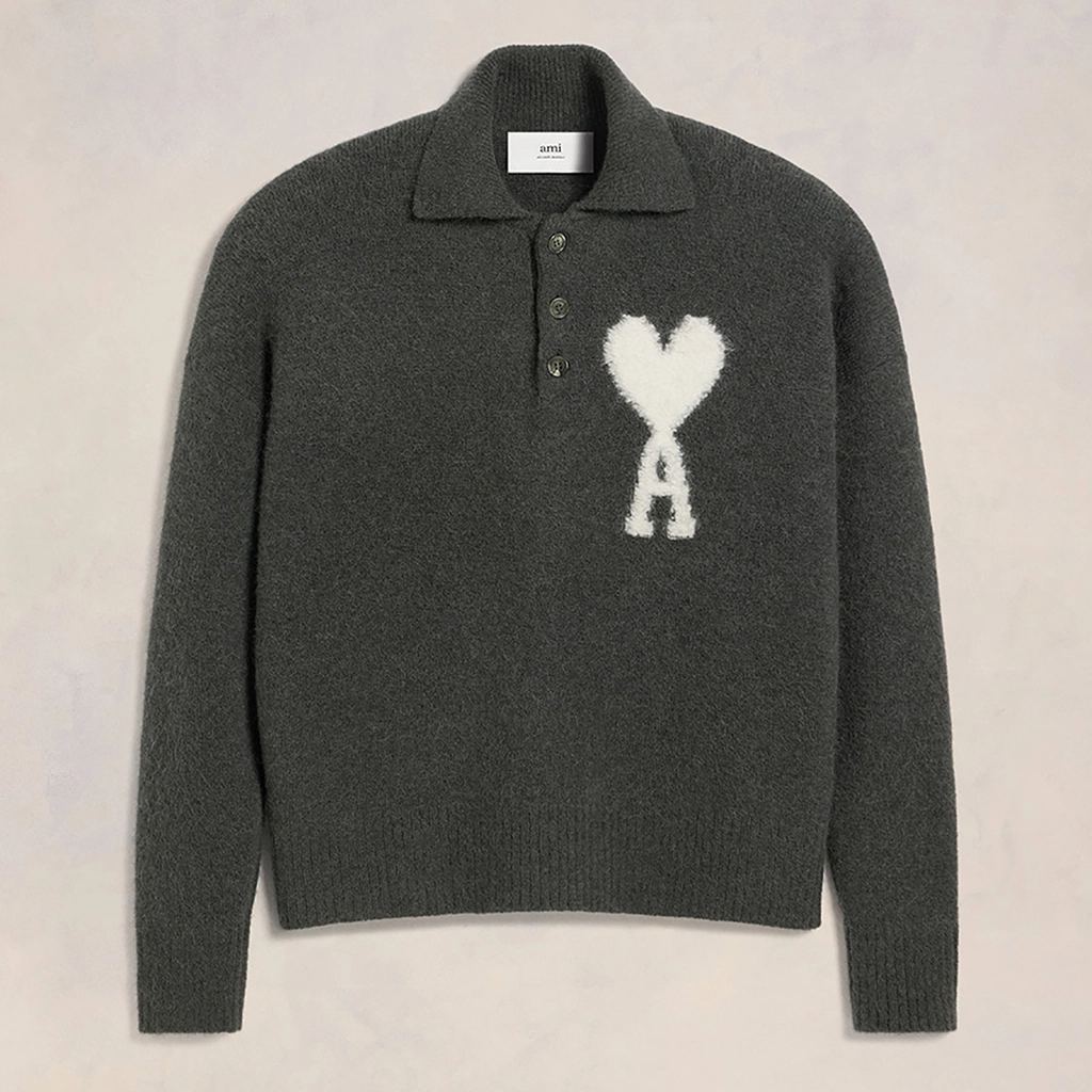 AMI Paris Off White De Coeur Alpaca-Blend Polo Shirt - XXL